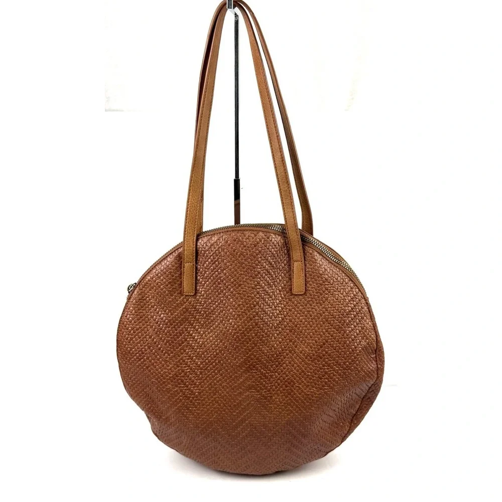 Anthropologie Circle Weave Tote Bag Brown Faux Leather Round Boho‎ Large Handbag